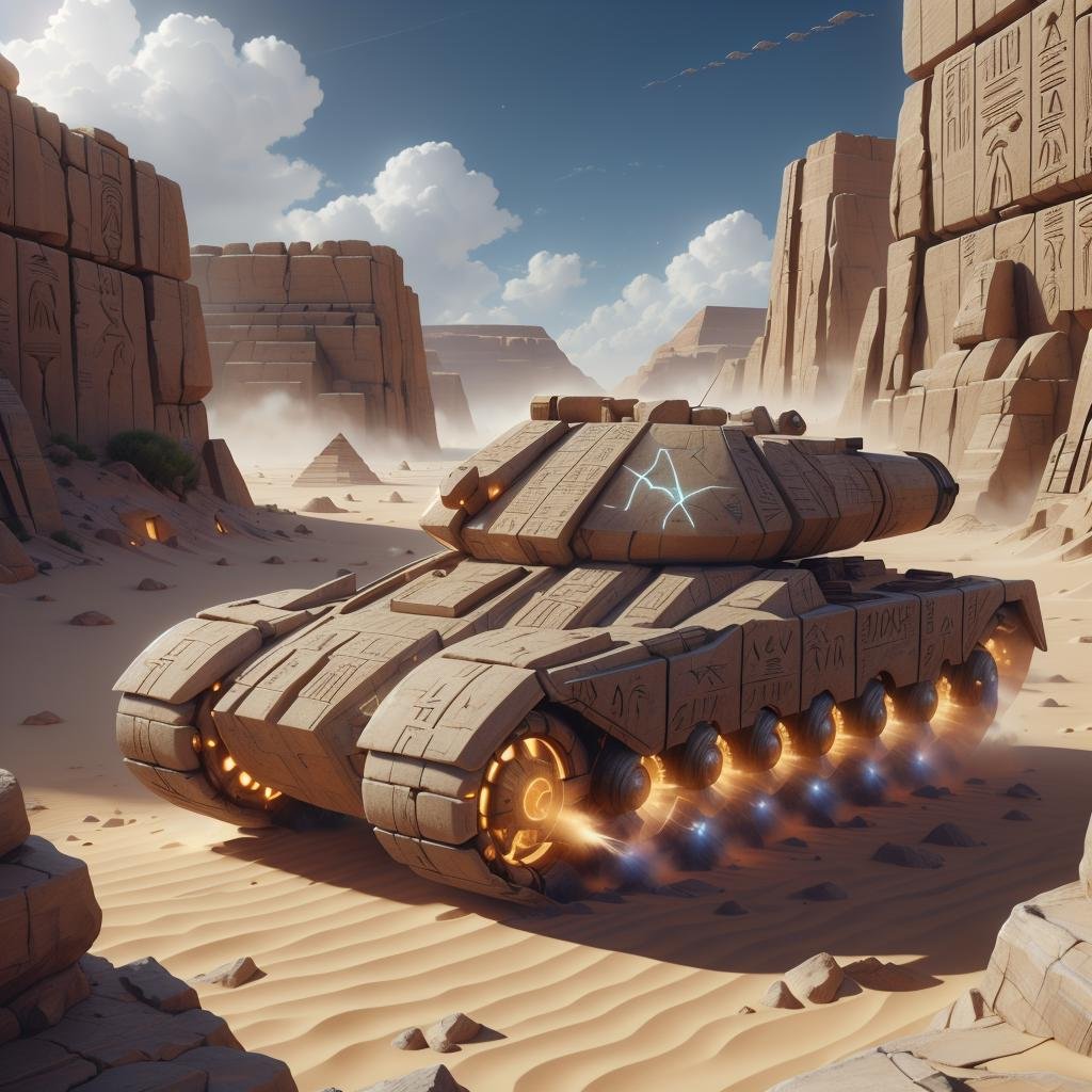 <lora:EgyptTech-30:0.8> egypttech ,scifi, hieroglyphs, sandstone,war tank, in a desert, epic war scene 