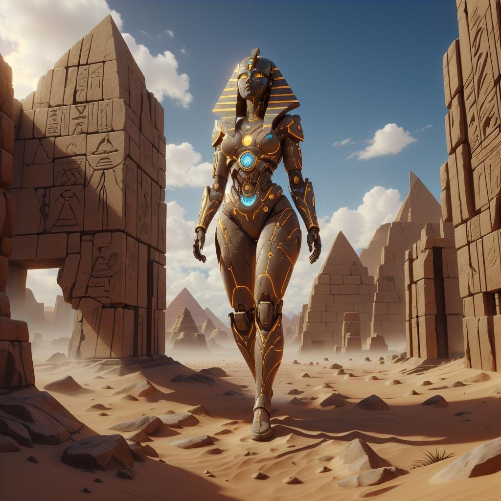 <lora:EgyptTech-30:0.8> egypttech ,scifi, hieroglyphs, sandstone,synthetic girl , full body, on a hill, long hair, epic scenery,walking, 