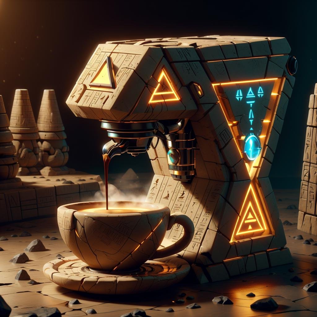 <lora:EgyptTech-30:0.8> egypttech ,scifi, hieroglyphs, sandstone, coffee machine, pouring liquid 