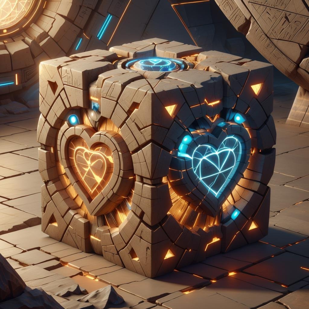 <lora:EgyptTech-30:0.8> egypttech ,scifi, hieroglyphs, sandstone, heart shape , weighted companion cube,