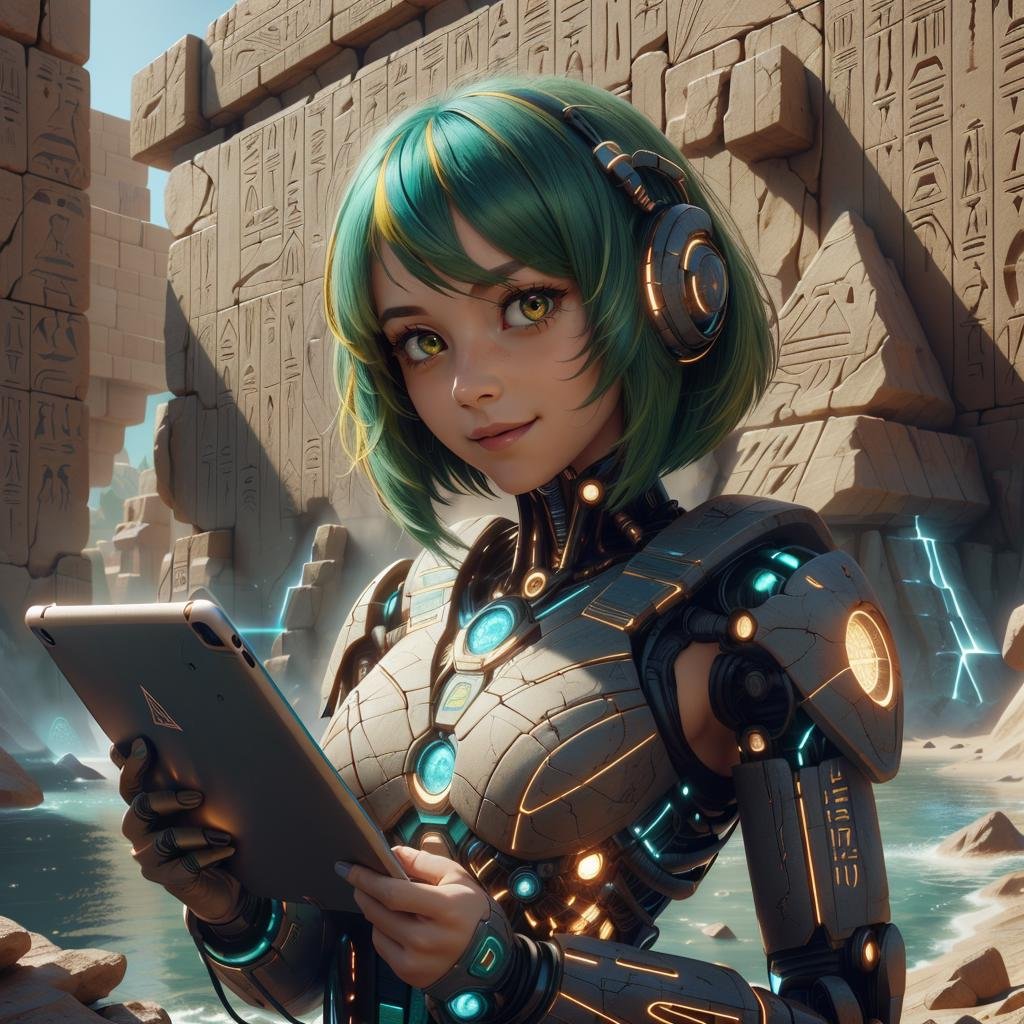 <lora:EgyptTech:0.8> egypttech ,scifi, hieroglyphs, sandstone,slim, skinny, small breasts, (red eyes:1.2), green hair, multicolored hair, aqua hair, bob cut, side smile, closed mouth, looking at viewer, holding a tablet , 