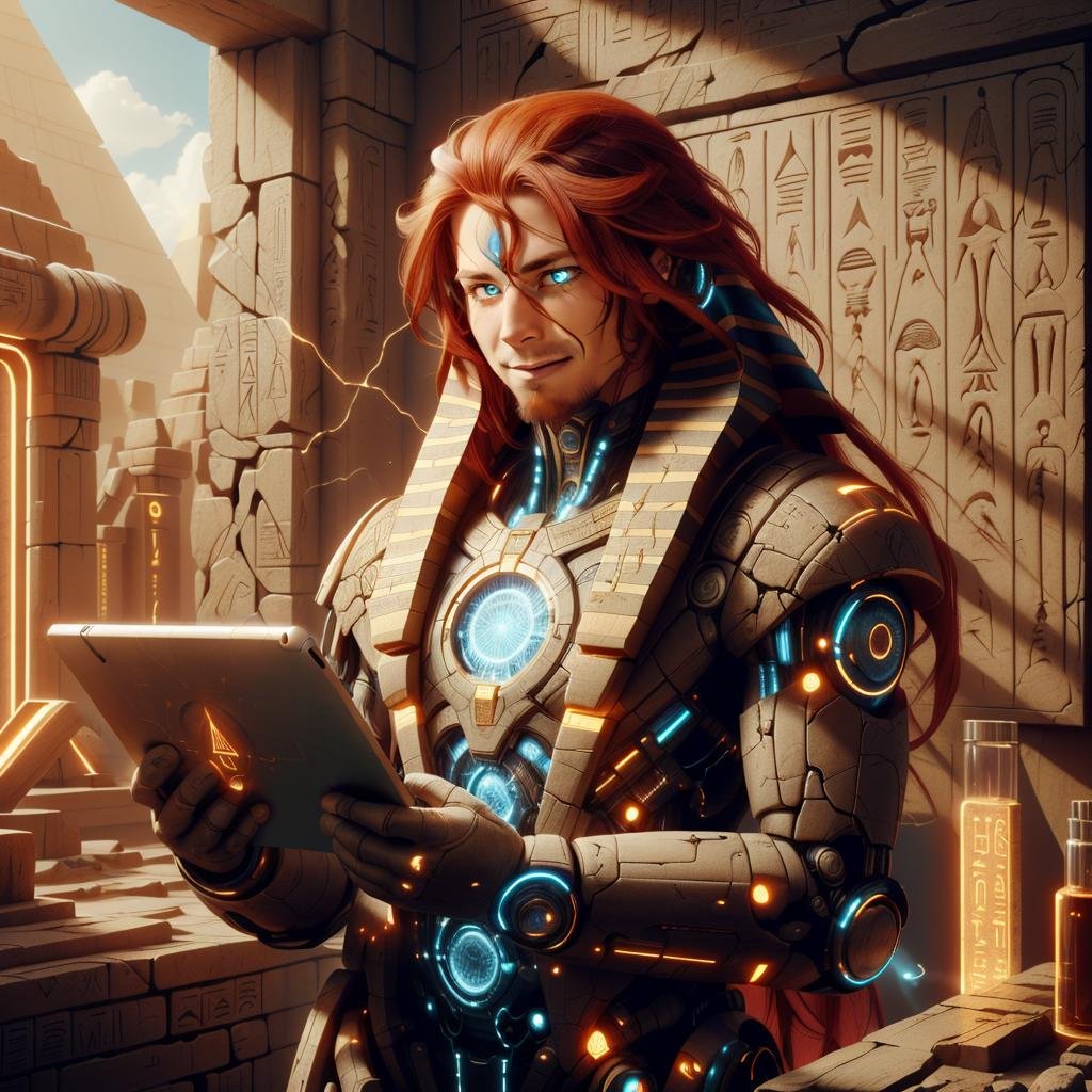 <lora:EgyptTech:0.8> egypttech ,scifi, hieroglyphs, sandstone,scholar , scroll, 1boy, man, long hair, (red hair,:1.3) glowing eyes, smile ,closed mouth, multicolored hair, holding a tablet, in a lab, hair flowing over, standing, 