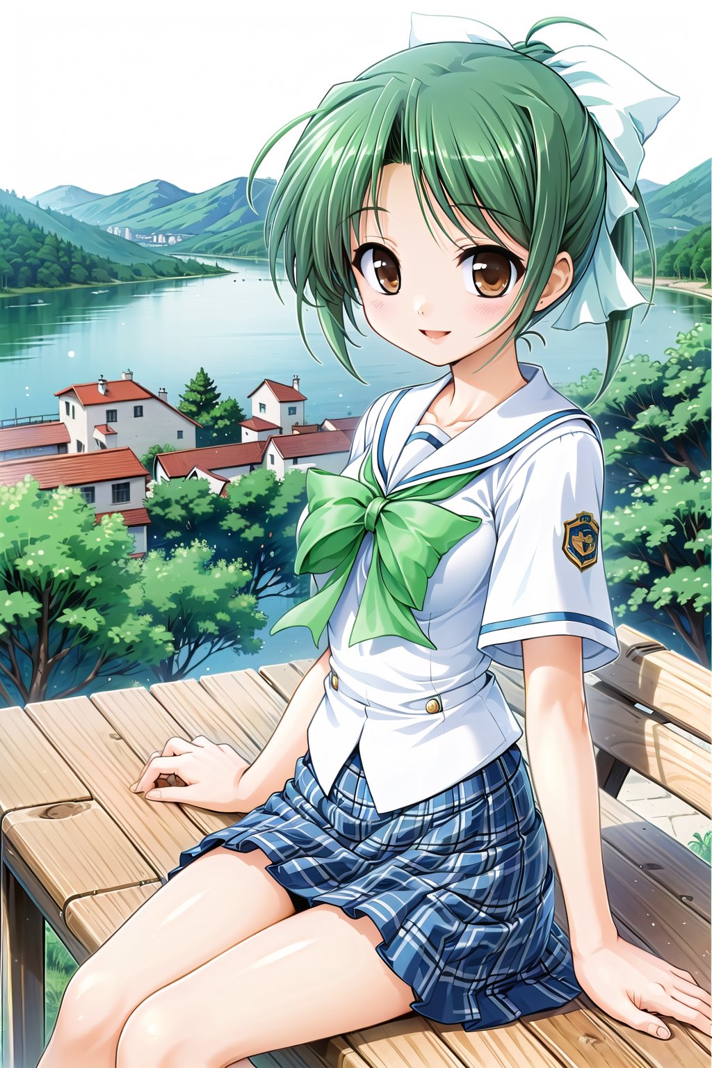 (masterpiece,Best  Quality, High Quality, Best Picture Quality Score: 1.3), (Sharp Picture Quality), Green hair, hair tied up, white hair ribbons, school uniform, checked skirt, mini skirt, white blouse, best smile, woman standing on high ground, sea, beautiful scenery, high ground overlooking the city,Sit on the bench,visible panty,