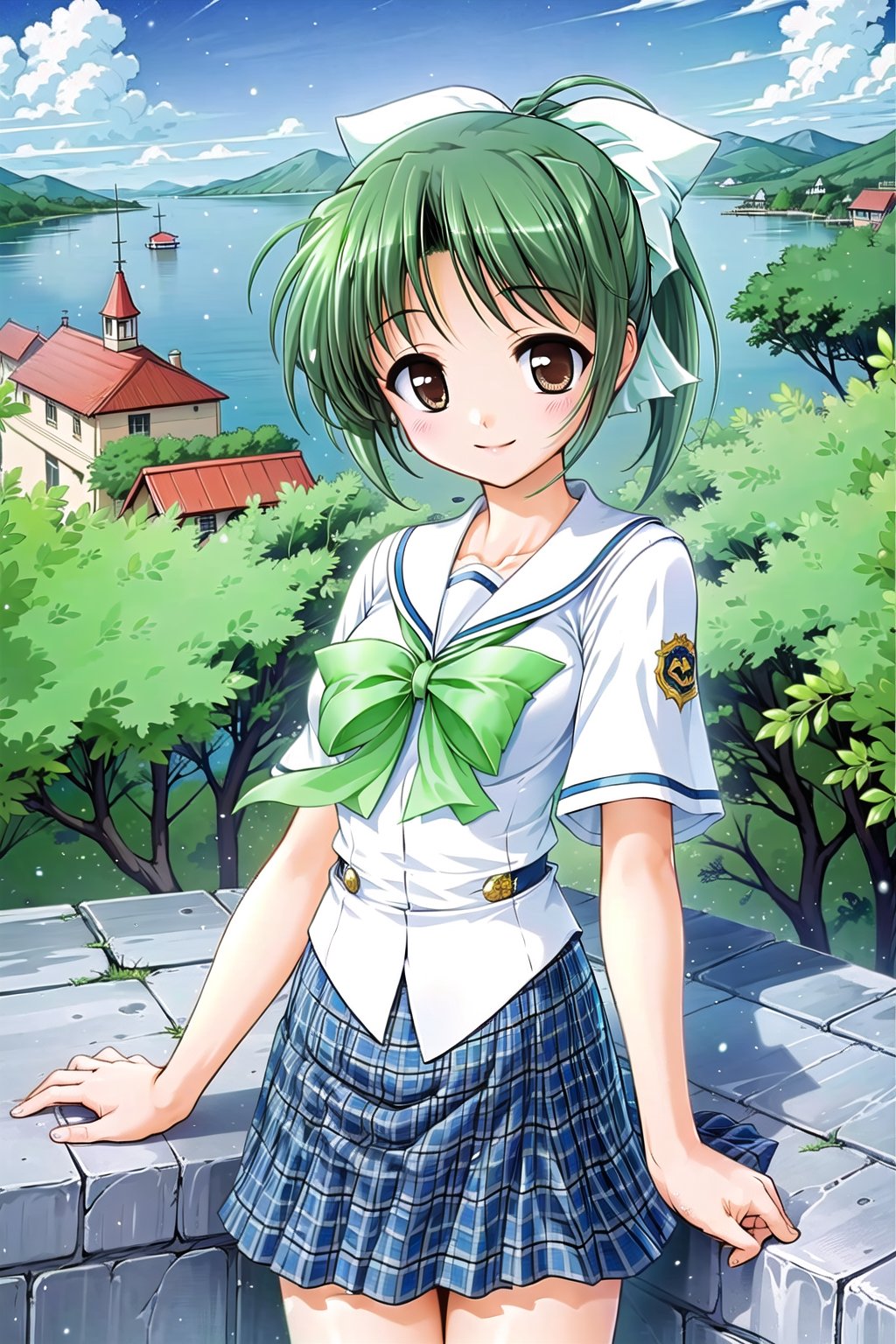 (masterpiece,Best  Quality, High Quality, Best Picture Quality Score: 1.3), (Sharp Picture Quality), Green hair, hair tied up, white hair ribbons, school uniform, checked skirt, mini skirt, white blouse, best smile, woman standing on high ground, sea, beautiful scenery, high ground overlooking the city,