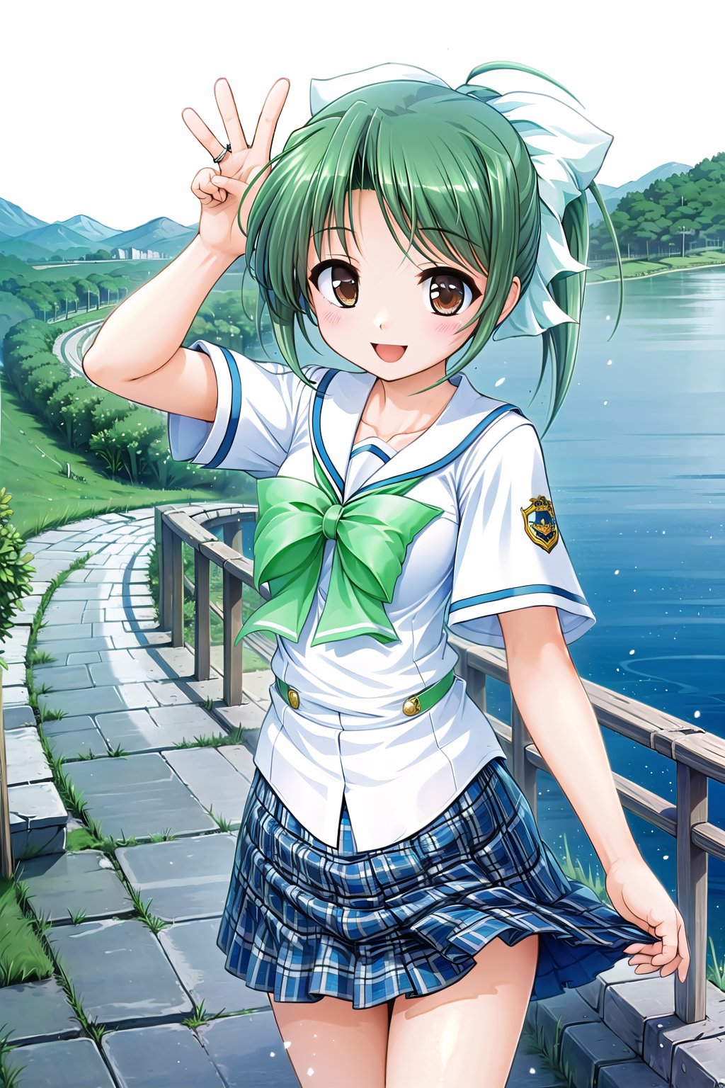 (masterpiece,Best  Quality, High Quality, Best Picture Quality Score: 1.3), (Sharp Picture Quality), Green hair, hair tied up, white hair ribbons, school uniform, checked skirt, mini skirt, white blouse, best smile, woman standing on high ground, sea, beautiful scenery, high ground overlooking the city,V sign.