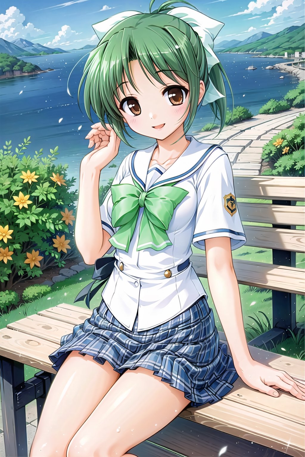 (masterpiece,Best  Quality, High Quality, Best Picture Quality Score: 1.3), (Sharp Picture Quality), Green hair, hair tied up, white hair ribbons, school uniform, checked skirt, mini skirt, white blouse, best smile, woman standing on high ground, sea, beautiful scenery, high ground overlooking the city,Sit on the bench,