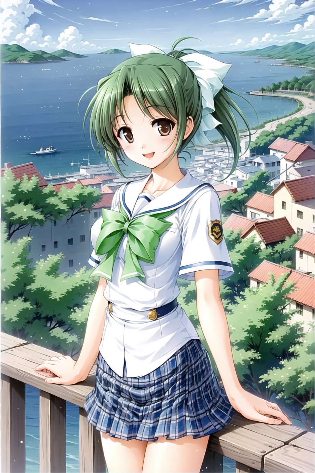 (masterpiece,Best  Quality, High Quality, Best Picture Quality Score: 1.3), (Sharp Picture Quality), Green hair, hair tied up, white hair ribbons, school uniform, checked skirt, mini skirt, white blouse, best smile, woman standing on high ground, sea, beautiful scenery, high ground overlooking the city,