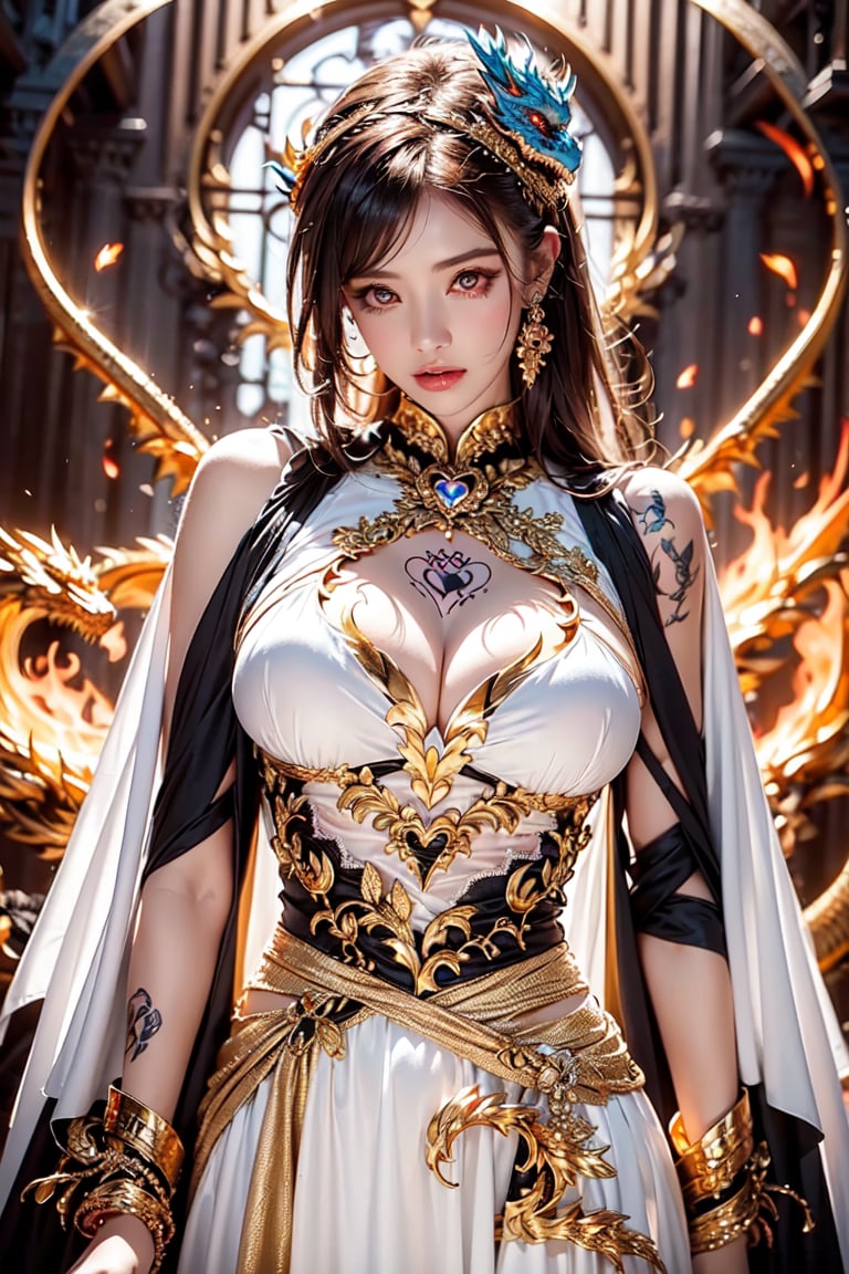 (dragon), (goddess), (busty), (heart tattoo),fire eye,  glowing eyes,beam, |shibari|, golden ribbon, lace_trim, |dress|,holy pattern, High Detail, masterpiece, best quality, more detail, Hyper Quality, detailed, more detail,