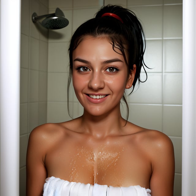 a woman standing in a bathroom looking in a mirror, combing her hair, after shower, wet, steamy, beautiful eyes, beautiful girl, highly detailed skin, highly detailed eyes, highly detailed hair, high resolution, ultra detailed, image sharp, highly detailed, masterpiece, best quality, photorealistic, smile
 ,1 girl, long hair, ponytail, towel, CamiCamTA,Masterpiece