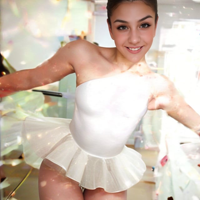 a woman in a ballet room, large mirror, handrail, dynamic ballet pose, beautiful eyes, beautiful girl, highly detailed skin, highly detailed eyes, highly detailed hair, high resolution, ultra detailed, sharp image, highly detailed, masterpiece, best quality, photorealistic, smile
 ,1girl, short hair, petticoat, blouse, thighs,, CamiCamTA,Masterpiece