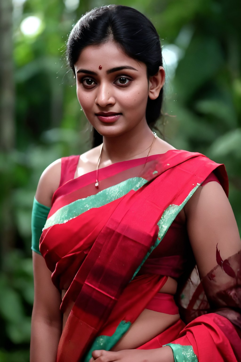 Malayalam movie actress unni mary:1.5,Raw photo of (25yo Kerala Beautiful young woman:1.1) (best quality, highres, ultra-detailed:1.2), vibrant colors, glowing dimond, glowing eyes, realistic Raw photo, realistic lighting, traditional Red saree,  exotic beauty, mesmerizing eyes, girl ,Thrissur,80' girl,80' Malayalam actress unni mary