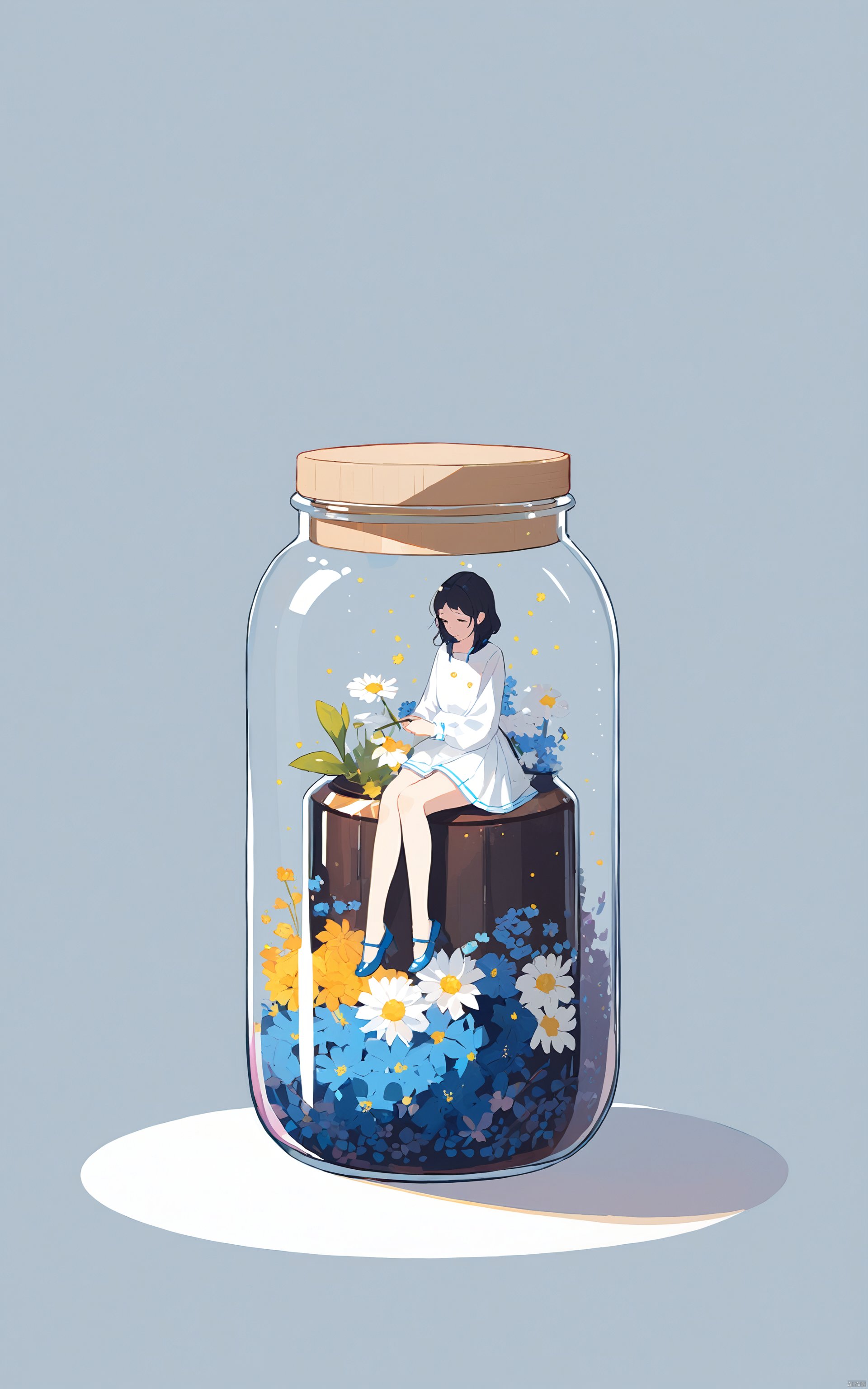  (masterpiece),(best quality)flat-style,1girl, in a jar, jar, simple background, full body, flower, sitting,