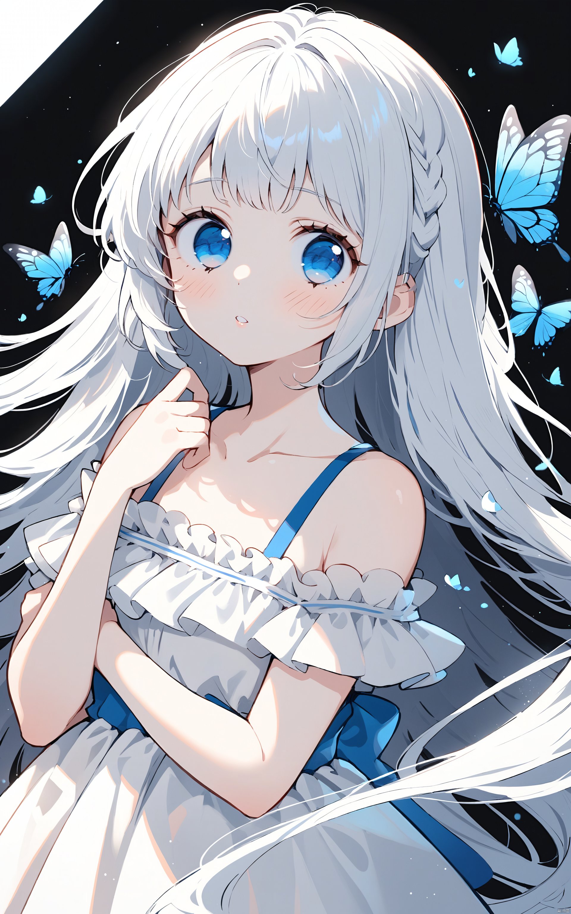  (masterpiece),(best quality) expressive-cartoons, 1girl, bug, butterfly, solo, blue eyes, long hair, dress, blue butterfly, white dress, looking at viewer, white hair, collarbone, bangs, blush, black background, upper body, parted lips, bare shoulders, frills