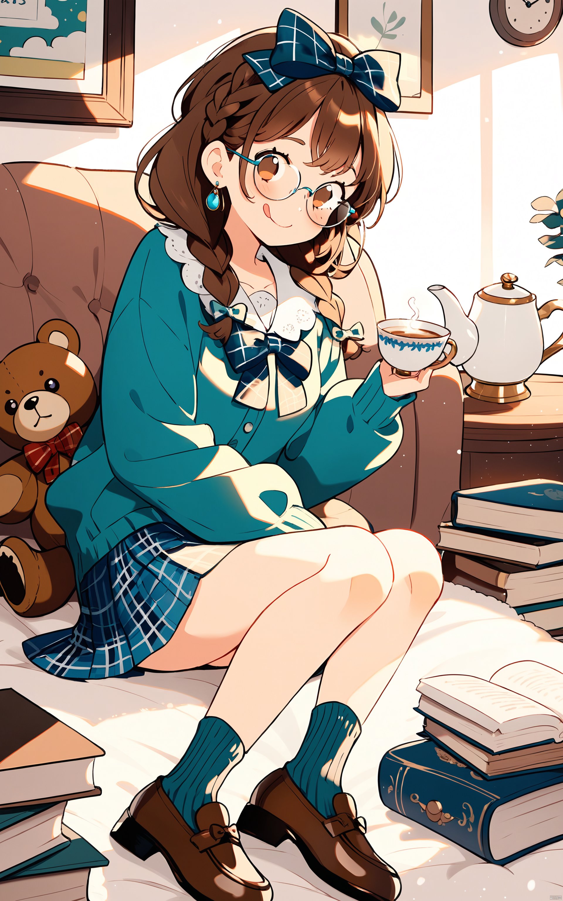  (masterpiece),(best quality)expressive-cartoons,1girl, stuffed toy, teddy bear, stuffed animal, cup, plaid, solo, brown hair, book, bow, food, holding, sitting, jewelry, earrings, glasses, smile, brown footwear, long sleeves, shoes, teapot, hair bow, socks, english text, clock, long hair, bangs, braid, tongue out, skirt, blush, book stack, teacup, plaid skirt