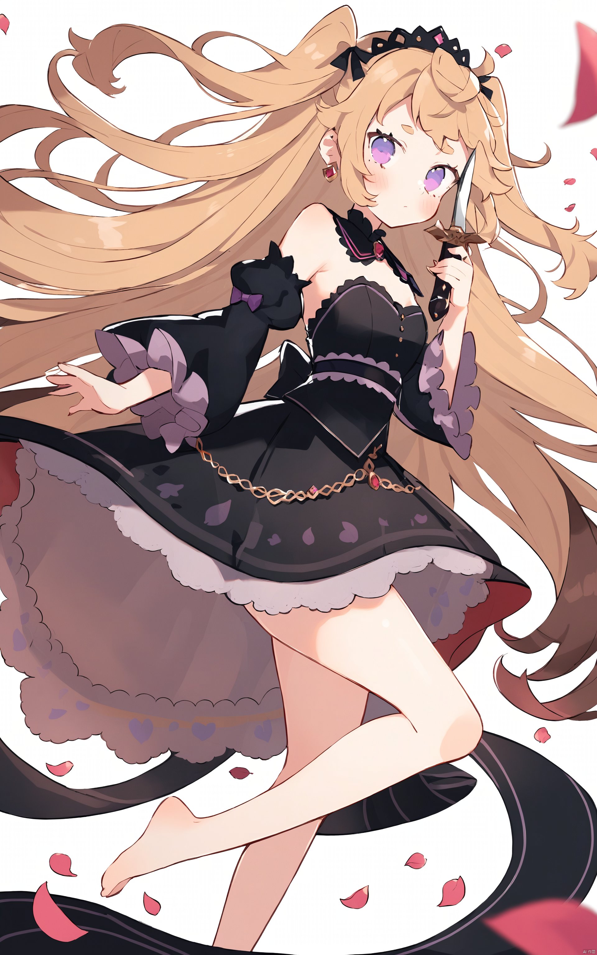  (masterpiece),(best quality)expressive-cartoons,1girl, solo, barefoot, long hair, brown hair, virtual youtuber, purple eyes, petals, detached sleeves, knife, dress, dagger, holding, weapon, looking at viewer, white background, holding knife, black dress, holding weapon, holding dagger, blush, two side up, blonde hair, very long hair, multicolored hair, jewelry