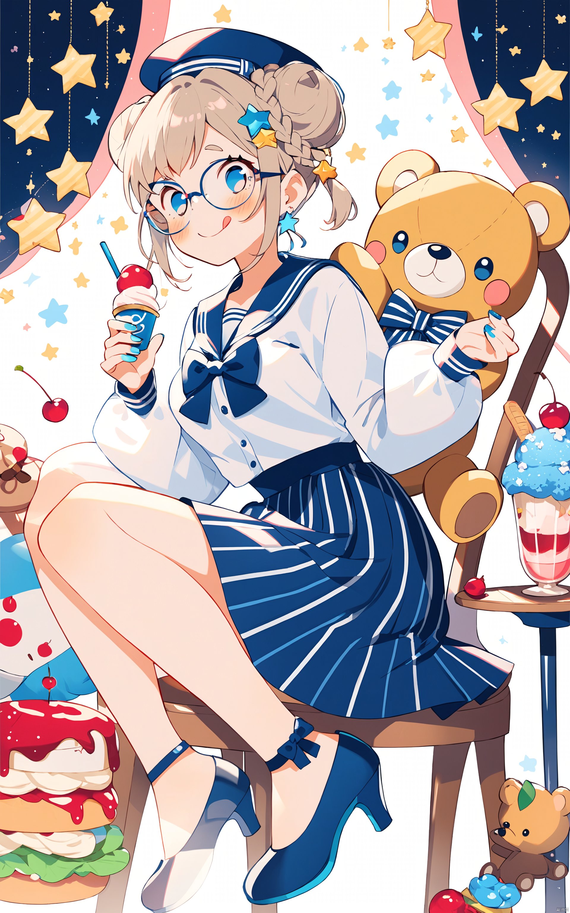  (masterpiece),(best quality) ,expressive-cartoons,1girl, tongue, tongue out, star \(symbol\), skirt, food, cup, glasses, blue eyes, star hair ornament, sitting, bow, hat, stuffed toy, hair ornament, stuffed animal, long sleeves, nail polish, solo, sailor collar, cherry, chair, blue nails, holding, hair bun, braid, blue skirt, blue footwear, :q, shirt, ice cream, high heels, striped skirt, double bun, bowtie, smile, blush, teddy bear, full body