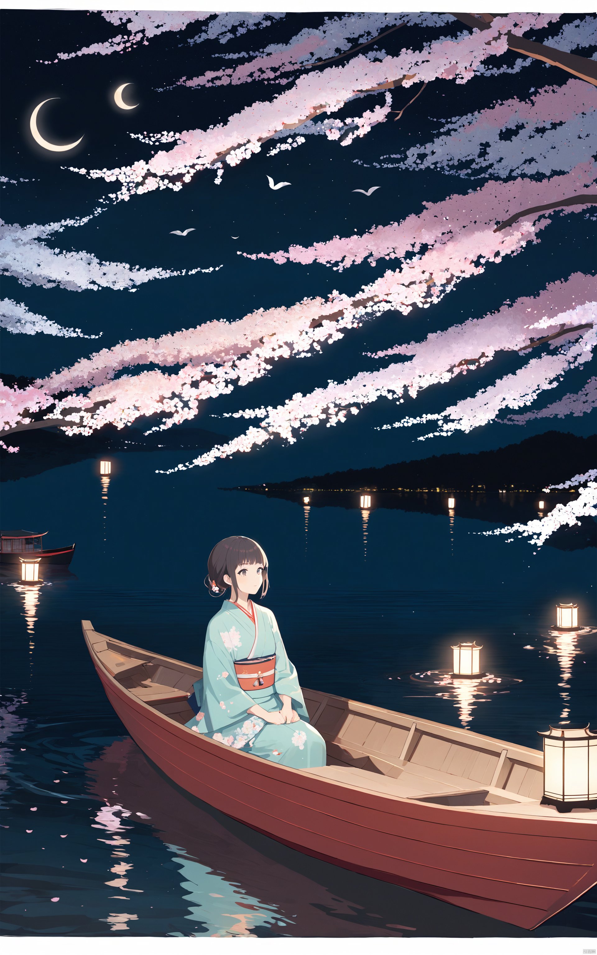  (masterpiece),(best quality)flat-style,boat, 1girl, moon, lantern, watercraft, night, crescent moon, tree, sitting, water, solo, sky, cherry blossoms, reflection, scenery, outdoors, japanese clothes, night sky, paper lantern