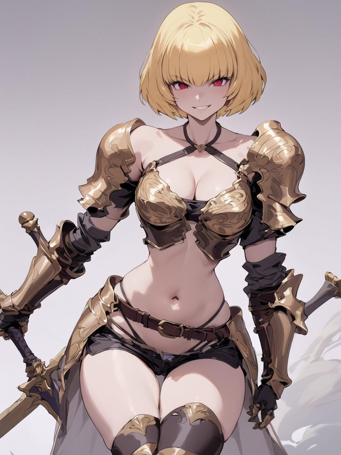 //Quality,
masterpiece, best quality, detailed
,//Character,
solo,
,//Fashion,
,//Background,
simple_background
,//Others,
,Clementine \(overlord\), 1girl, short hair, blonde hair, red eyes, bangs, breasts, cleavage, navel, bare shoulders, collarbone, midriff, bikini armor, shoulder armor, gauntlets, breastplate, thighhighs, underwear, belt, short shorts, black shorts, pauldrons, highleg panties, boots, holding weapon, dagger, closed mouth, grin