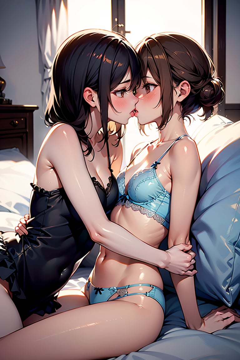 lesbian, kiss, long hair,breasts,blush,short hair,bangs,multiple girls,brown hair,black hair,navel,2girls,bare shoulders,brown eyes,underwear,small breasts,lying,frills,indoors,on back,yuri,looking at another,from side,pillow,bare arms,loli,hug,profile,bottomless,on bed,grabbing,breast grab,lingerie,kiss,breast press,eye contact,camisole,french kiss,onee-loli