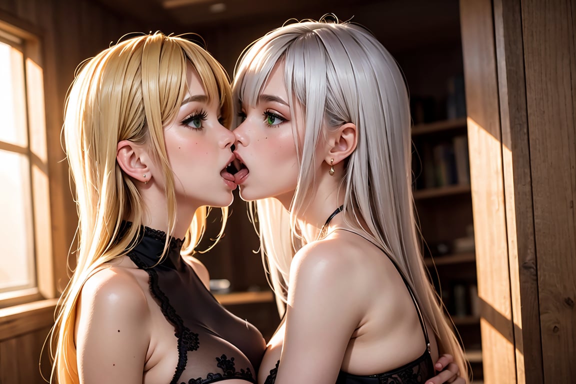 lesbian, kiss, long hair,breasts,blush,open mouth,bangs,multiple girls,blonde hair,dress,2girls,bare shoulders,jewelry,medium breasts,nipples,green eyes,upper body,grey hair,sidelocks,earrings,tongue,indoors,tongue out,yuri,mole,looking at another,black dress,from side,mole under eye,window,profile,breasts out,kiss,breast press,lace,eye contact,symmetrical docking,french kiss