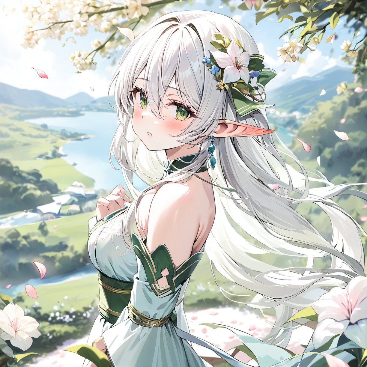 ((masterpiece, best quality, rating: general, newest)), 1girl, solo, long hair, breasts, looking at viewer, blush, bangs, hair ornament, dress, hair between eyes, bare shoulders, jewelry, green eyes, standing, flower, white hair, earrings, outdoors, parted lips, detached sleeves, pointy ears, hair flower, from side, sash, petals, white flower, elf, stairs, scenary, blue sky