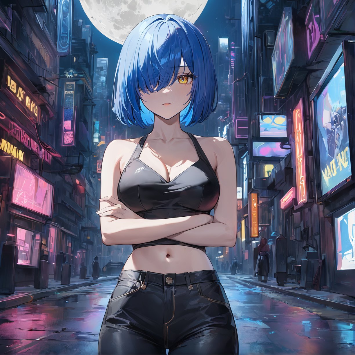 ((masterpiece, best quality, highres, absurbres, 8k, highly detailed)), rating: sensitive, newest, ((beautiful eyes detailed:1.2)), perfect face, ((depth of field:1.2)), cinematic, 64k, [dark background], (vibrant:1.1), 1girl, blue hair, bob haircut, hair over one eye, cyberpunk city, jacket, black crop top, black tight jeans, ((night:1.3)), ((cowboy shot)), navel, medium breasts, cleavage, yellow eyes, street, moon, neon lights, centered, ((arm crossed:1.4)), looking at viewer, highly aesthetic