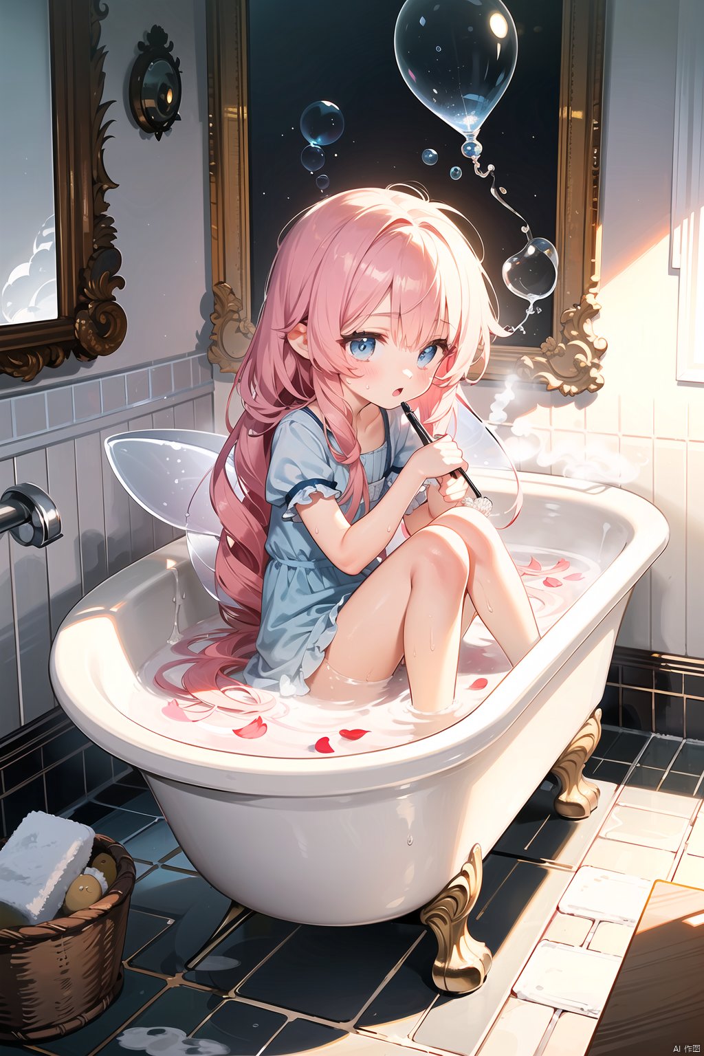  

((colorful)),(Detailed eyes description), (8K wallpaper), (masterpiece,best quality,ultra-detailed,illustration),(cinematic lighting),dreamy atmosphere,(bubble),

((a fairy tale bathroom)),(It's a fantastic room with lots of (lovely decorations):1.15),messy room,((steam,vapour)),water mist,(loli,little girl:1.35),pink hair,blue eyes,long hair,wet hair,(Detailed face description),(bare legs,barefoot),

petals in the bathtub,(flower bath,milk bath),(soap,soap bubble),warm light,(mirror),(washstand),shower head,shampoo,blue curtains,
