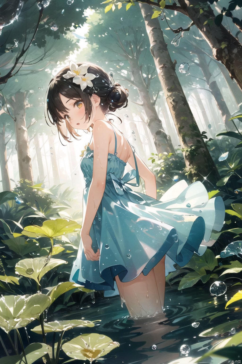  1girl,low angle,water spray,leaf,flowers,(forest:1.2),(droplets:1.33),sea,droplets,flower dress,best quality,masterpiece,illustration,an extremely delicate and beautiful,extremely detailed,CG,unity,8k wallpaper,GRASS,hair flower,cute,scene depth