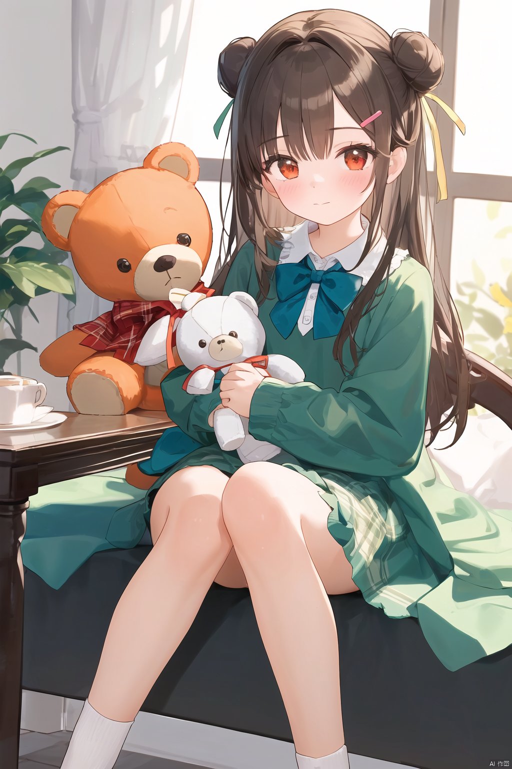  1girl, stuffed animal, stuffed toy, solo, dress, long hair, sitting, looking at viewer, teddy bear, holding stuffed toy, long sleeves, hair ornament, hair bun, bow, green dress, orange bow, plaid, blush, socks, frills, bangs, closed mouth, holding, red eyes, orange bowtie, flower, feet out of frame, ribbon, hair ribbon, single side bun, green bow, brown hair, table, blanket, black ribbon, hairclip, collar, bowtie