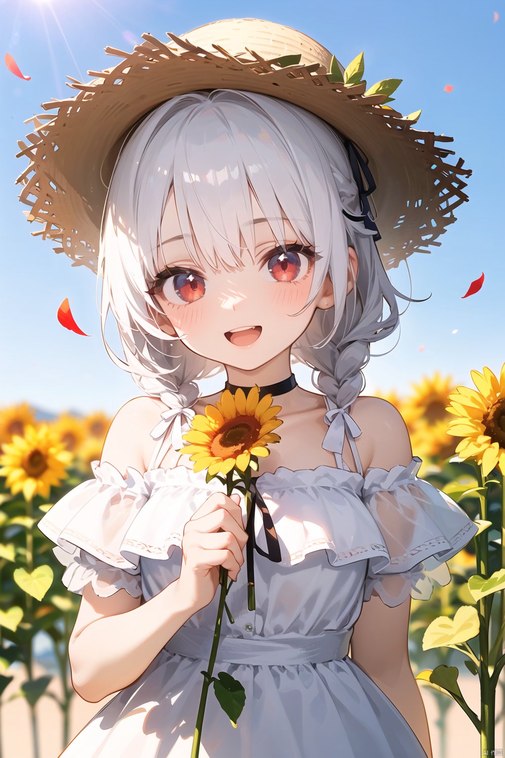  nai3, 1girl,white hair,red eyes,portrait,1girl, sunflower, flower, solo, hat, long hair, braid, dress, smile, open mouth, looking at viewer, holding, white dress, short sleeves, straw hat, collarbone, :d, outdoors, blurry, bangs, bare shoulders, yellow flower, ribbon, petals, upper body, red eyes, white hair,blurry background, holding flower, sun hat, off shoulder, puffy short sleeves, brown headwear, ribbon choker, blush, puffy sleeves, choker, hat flower, frills, day, depth of field, off-shoulder dress, white ribbon, single braid, backlight