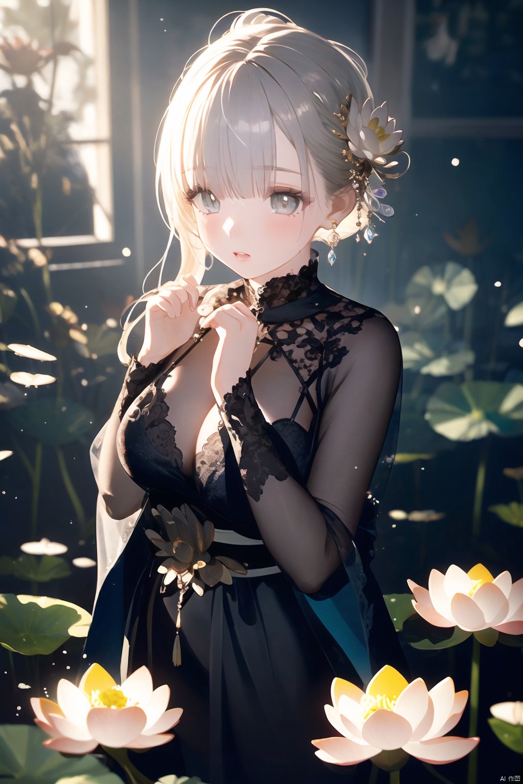  1girl, (Lotus: 1.2), shiny skin, realistic style with fantasy elements, jewelry, surrealism, wide sleeves, detailed clothing, black dress, lace dress, see-through dress, Hanfu, New Year elements, elegant posture, Lights, contrast, amazing aesthetic, best quality, gorgeous artwork,r1ge,

 Highest picture quality, masterpiece, exquisite CG, exquisite and complicated hair accessories, big watery eyes, highlights, natural light, Super realistic, cinematic lighting texture, absolutely beautiful, 3D max, vray, c4d, ue5, corona rendering, redshift, octane rendering, （Show whole body）, （all body）,