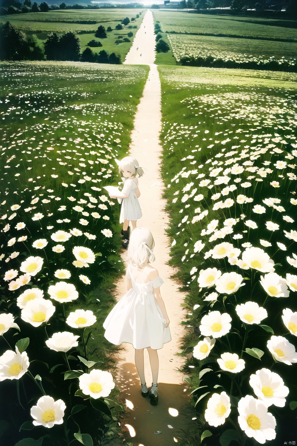  (official art, 8k wallpaper, ultra detailed, High quality, best quality),white flowers ,1girl,from above,bird's-eye_view,vintage filter,among flowers, backlight,limited_palette,white,field s of flowers