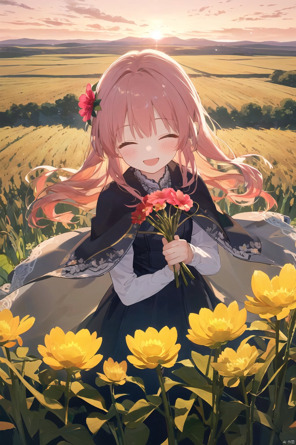  (drawn by Lynn Okamoto),center frame, sharp focus, (panorama, wide shot), best quality, masterpiece, extremely detailed, detailed background, (from above:1.2), 1girl, solo, pink hair, closed eyes, smile, open mouth, skirt, long hair, wavy hair, on side, fluffy hair, , french , blush, smile, capelet, lace trim, bodice, sunset, long dress, dusk, scenery, gold sky, high place, horizon, wheat field, wheat ears, wind, wind blow, looking at viewer, (depth of field), bokeh, (holding a flower:1.3), (holding:1.2),(medium):0.5,