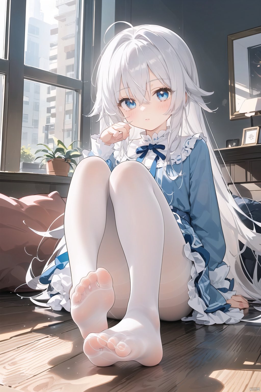  foot focus, 1girl, no shoes, solo, feet, pantyhose, soles, long hair, white pantyhose, looking at viewer, blue eyes, sitting, long sleeves, toes, bangs, foreshortening, hair between eyes, white hair, legs, frills, dress, hand up, thighband pantyhose, full body