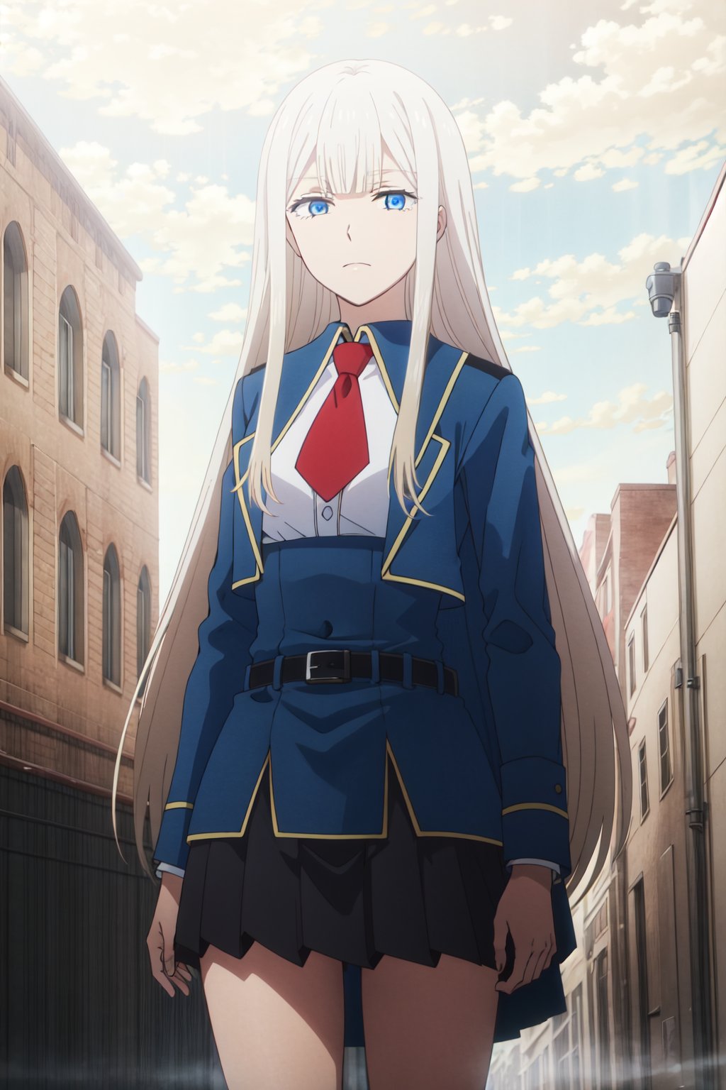 <lora:anime_screencap_v2:0.3> tall body, tall, long legs, mature female, mature, adult, <lora:GoodHands-beta2:1.4>, simple background <lora:eft_vermeil_white-05:0.7> eft_vermeil_white, skirt, blue eyes, long hair, necktie, white hair, red necktie, belt, pleated skirt, blonde hair, uniform, jacket, blue jacket, black skirt, school uniform, shirt, socks, bangs, standing, outdoors, city, on road