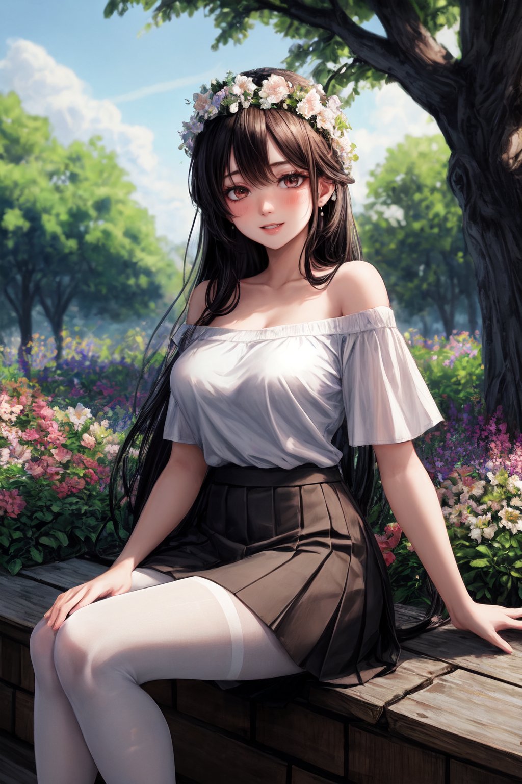 masterpiece, best quality, highly detailed, absurdres, 8k, 1girl, busty, long black hair, hazel eyes, blush, smile, white off shoulder t-shirt, bare shoulder, brown skirt, tights, solo female, sitting, outdoor, large flower garden, tree, flower crown