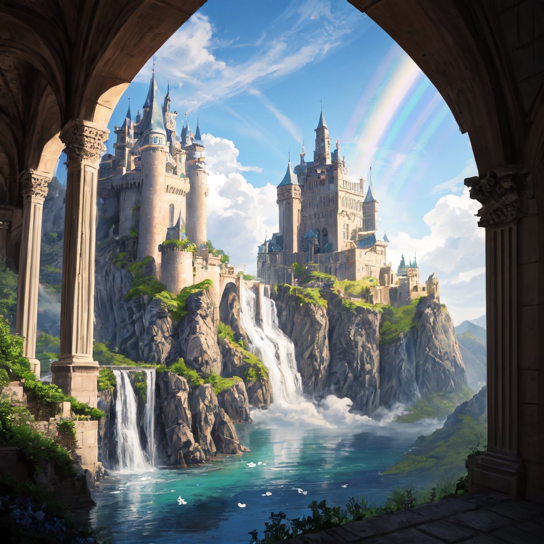 masterpiece, best quality, highly detailed, trending, scenery, 1girl with long blonde hair that flows in the gentle breeze and sparkling blue eyes that reflect the sky wearing a flower crown of roses and lilies stands on a balcony of a floating castle made of marble and gold. The castle is surrounded by a protective dome of light that shields it from the elements and enemies. The castle has many towers, windows, and balconies that offer a panoramic view of the sky. The castle is decorated with flags, banners, and statues that represent the history and glory of the kingdom. She looks at the horizon, where she sees other floating islands of various shapes and sizes with buildings, bridges, and gardens that showcase the advanced technology and culture of her civilization. One of the islands has a large waterfall that cascades from the edge into the clouds below, creating a misty rainbow. The sky is clear and bright, with a few fluffy clouds and colorful birds. The sun shines on her face, creating a warm glow that highlights her beauty.
