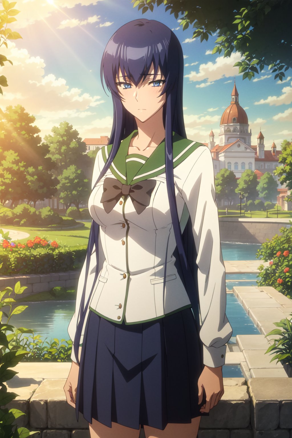 <lora:anime_screencap_v2:0.3> tall body, tall, long legs, mature female, mature, adult, <lora:GoodHands-beta2:1.4>, outdoors, park, garden, lake, sunshine, sunlight, bright, greenery <lora:eft_hotd_blue:0.7> eft_hotd_blue, 1girl, school uniform, solo, long hair, black hair, serafuku, skirt, bow, very long hair, blue eyes