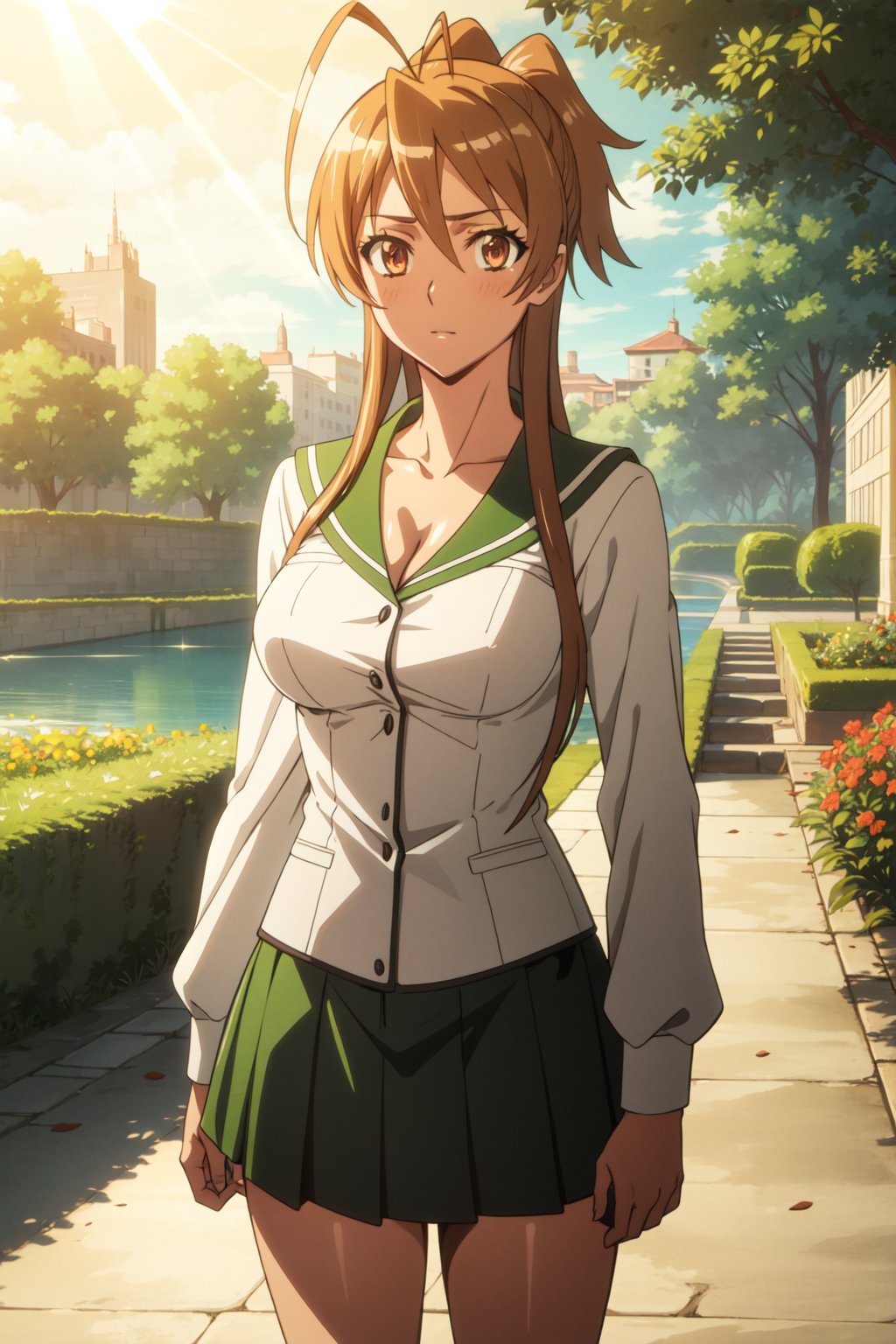 <lora:anime_screencap_v2:0.3> tall body, tall, long legs, mature female, mature, adult, <lora:GoodHands-beta2:1.4>, outdoors, park, garden, lake, sunshine, sunlight, bright, greenery <lora:eft_hotd_orange-05:0.7> eft_hotd_orange, 1girl, solo, brown hair, brown eyes, school uniform, skirt, antenna hair, breasts, large breasts, ponytail, long hair, cleavage, green skirt, serafuku