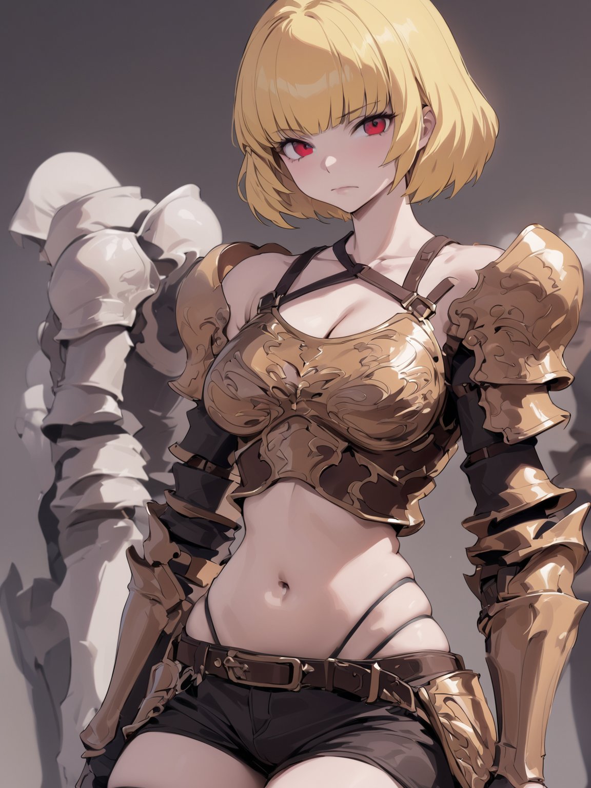 //Quality,
masterpiece, best quality, detailed
,//Character,
solo,
,//Fashion,
,//Background,
simple_background
,//Others,
,Clementine \(overlord\), 1girl, short hair, blonde hair, red eyes, bangs, breasts, cleavage, navel, bare shoulders, collarbone, midriff, armor, shoulder armor, gauntlets, breastplate, thighhighs, closed mouth, underwear, belt, short shorts, black shorts, pauldrons, highleg panties