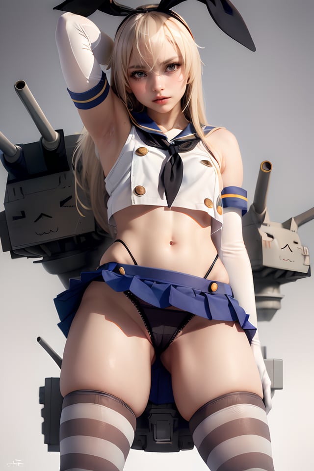 best quality,masterpiece,realistic, 1girl, thighhighs, solo, skirt, gloves, striped, shimakaze (kancolle), panties, striped thighhighs, underwear, white gloves, navel, black panties, elbow gloves, crop top, highleg, skindentation, blue skirt, close-up, highleg panties, pleated skirt, midriff, miniskirt, thighs, stomach,(natural skin texture, hyperrealism, soft light, muted colors), background,hyperrealistic, volumetric light,