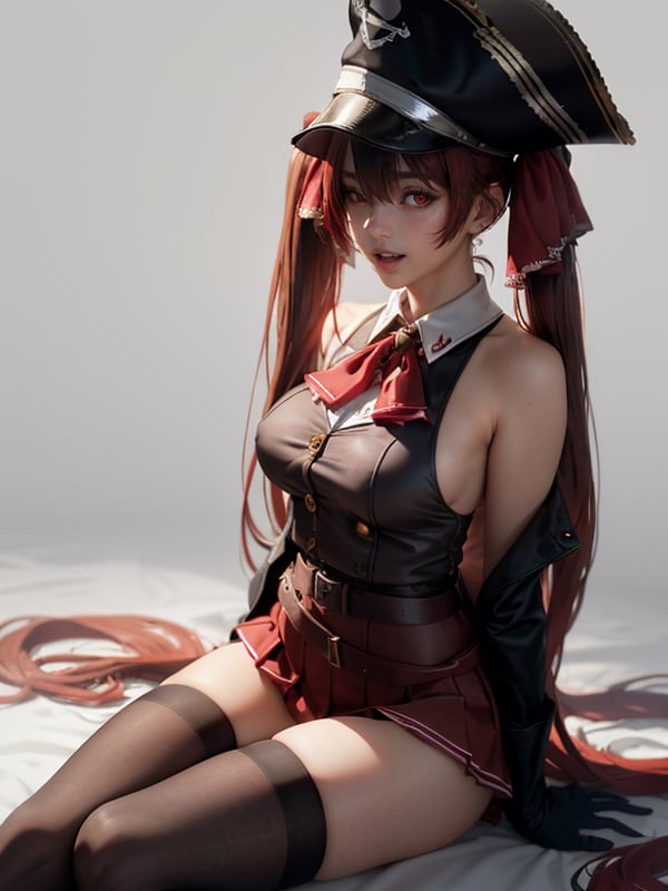 best quality,masterpiece,realistic, 1girl, solo, houshou marine, virtual youtuber, eyepatch, hat, thighhighs, red hair, twintails, pirate hat, breasts, skirt, red eyes, looking at viewer, open mouth, smile, long hair, sitting, red skirt, pleated skirt, belt, brown thighhighs, sleeveless, ribbon, hair ribbon, see-through, large breasts, red ribbon, pirate, miniskirt, bicorne, black thighhighs, see-through leotard, leotard, leotard under clothes, black headwear, zettai ryouiki, grey background, bare shoulders, bangs, coat, brown belt,(natural skin texture, hyperrealism, soft light, muted colors), background,hyperrealistic, volumetric light,