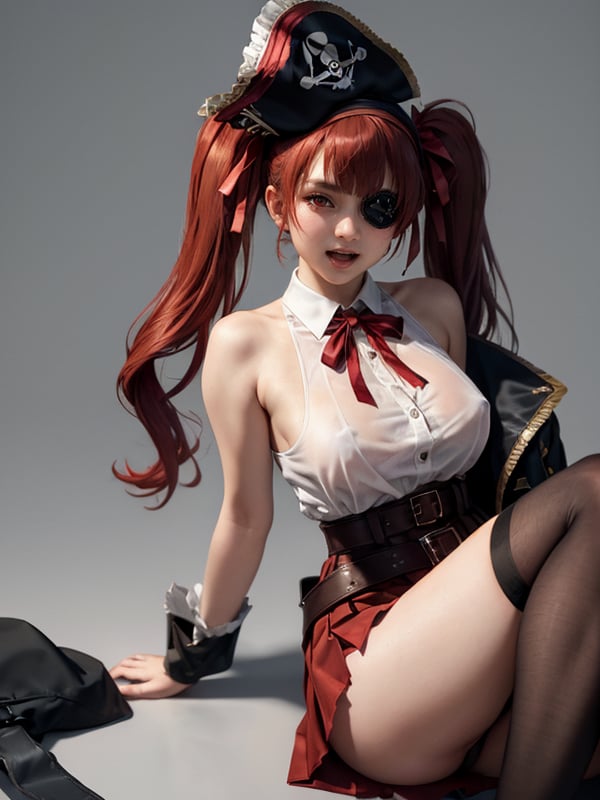 best quality, masterpiece, (realistic:1.2), hdr,  detailed, 1girl, solo, houshou marine, virtual youtuber, eyepatch, hat, thighhighs, red hair, twintails, pirate hat, breasts, skirt, red eyes, looking at viewer, open mouth, smile, long hair, sitting, red skirt, pleated skirt, belt, brown thighhighs, sleeveless, ribbon, hair ribbon, see-through, large breasts, red ribbon, pirate, miniskirt, bicorne, black thighhighs, see-through leotard, leotard, leotard under clothes, black headwear, zettai ryouiki, grey background, bare shoulders, bangs, coat, brown belt, high quality, masterpiece,soft light, Subsurface scattering