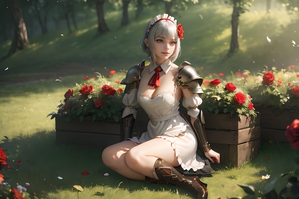 best quality,masterpiece,realistic, 1girl, noelle (genshin impact), flower, solo, red flower, armor, rose, red rose, breasts, hair ornament, short hair, hair flower, sitting, grey hair, maid headdress, braid, cleavage, petals, dress, grass, bangs, maid, medium breasts, outdoors, high heels, boots, shoulder armor, armored dress, gauntlets, yellow eyes, armored boots, ascot, apron, red ascot, smile, braided bangs, green eyes, ,(natural skin texture, hyperrealism, soft light, muted colors), background,hyperrealistic, volumetric light,