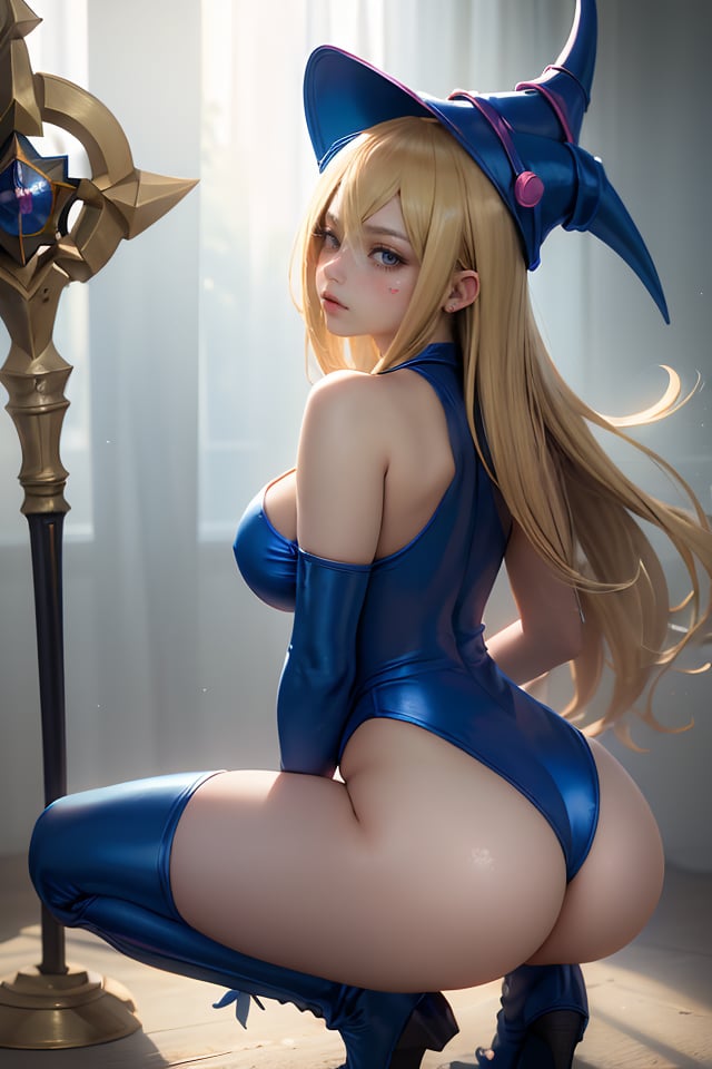 best quality,masterpiece,realistic, 1girl, duel monster, blonde hair, ass, breasts, solo, dark magician girl, hat, long hair, bare shoulders, wizard hat, from behind, large breasts, thighs, leotard, boots, skirt, blue leotard, staff, blue footwear, holding, wand, blush stickers,(natural skin texture, hyperrealism, soft light, muted colors), background,hyperrealistic, volumetric light,