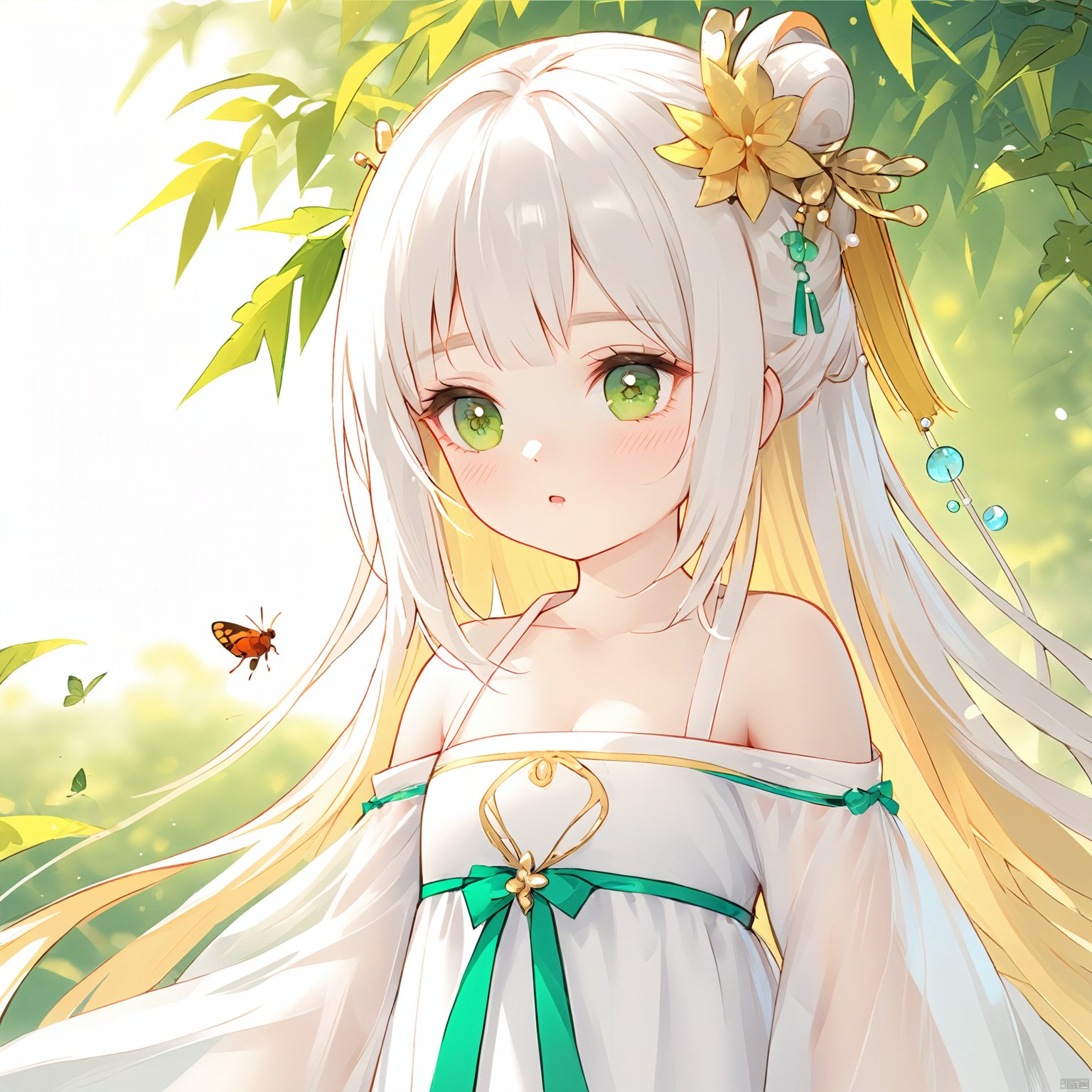  (masterpiece), (best quality), illustration, ultra detailed, hdr, Depth of field, (colorful), loli,1girl,solo,long hair,green eyes,blonde hair,hair ornament,bare shoulders,hanfu,breasts,dress,chinese clothes,white hair,upper body,leaf,bug,cleavage,white dress,