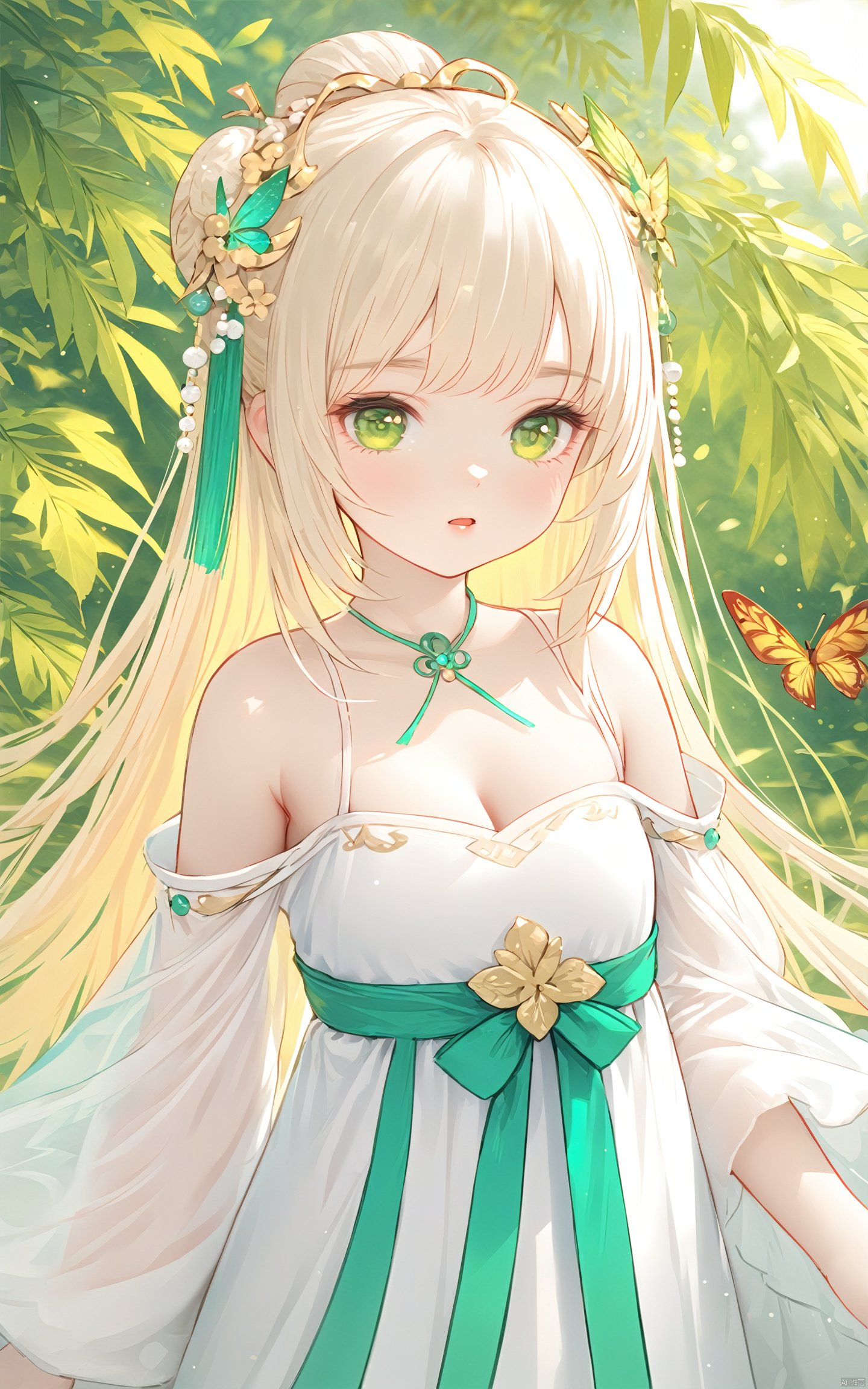  (masterpiece), (best quality), illustration, ultra detailed, hdr, Depth of field, (colorful), loli,1girl,solo,long hair,green eyes,blonde hair,hair ornament,bare shoulders,hanfu,breasts,dress,chinese clothes,white hair,upper body,leaf,bug,cleavage,white dress,