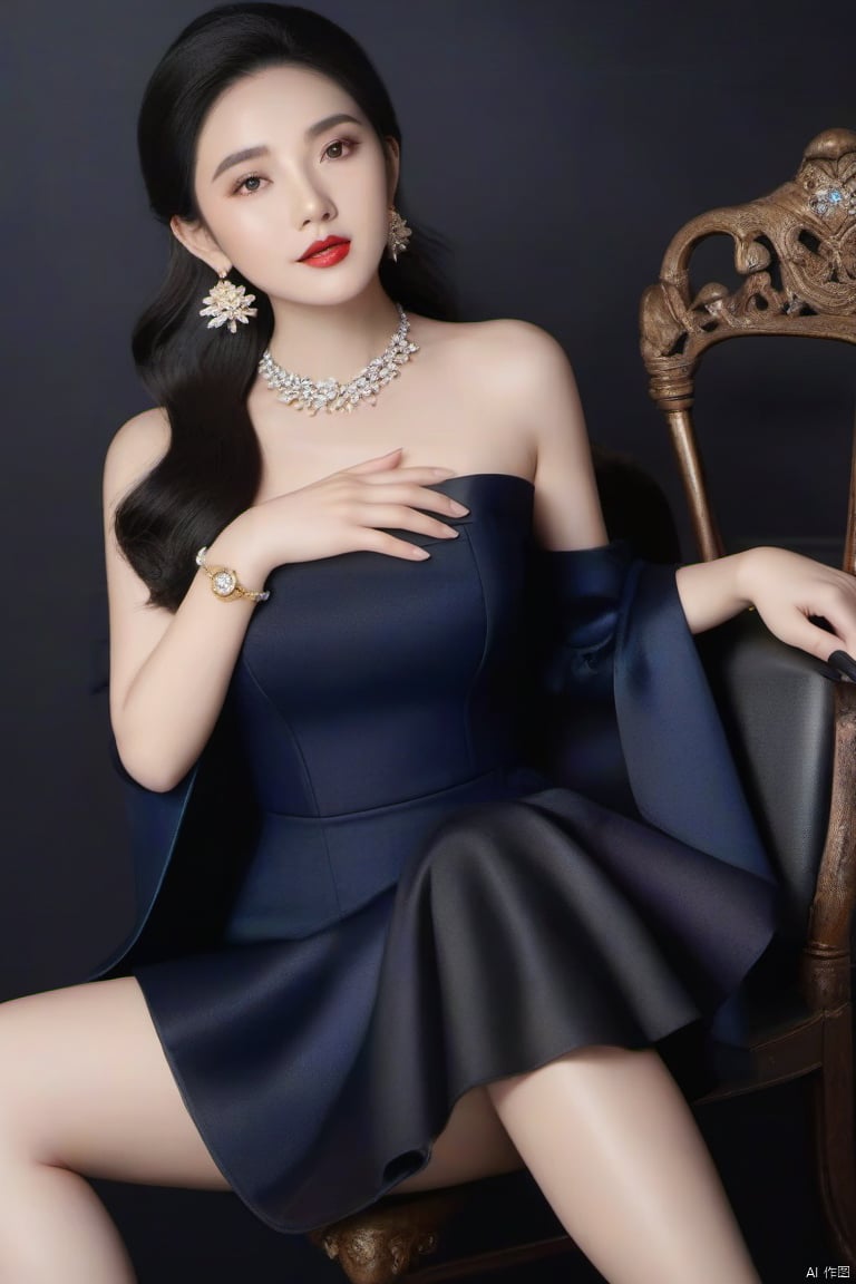 风格;masterpiece,bestquality,8k,4k,Filmtexture,
人物;1girl,solo,blackhair,longhair,blackeyes,lips,cleavage,breasts,legs,
视角;fromside,,
服饰;skirt,jewelry,earrings,bracelet,makeup,formal,ring,suit,lipstick,watch,wristwatch
动作;sitting,crossedlegs,
场景; chair,simple background,black background, g006, hand