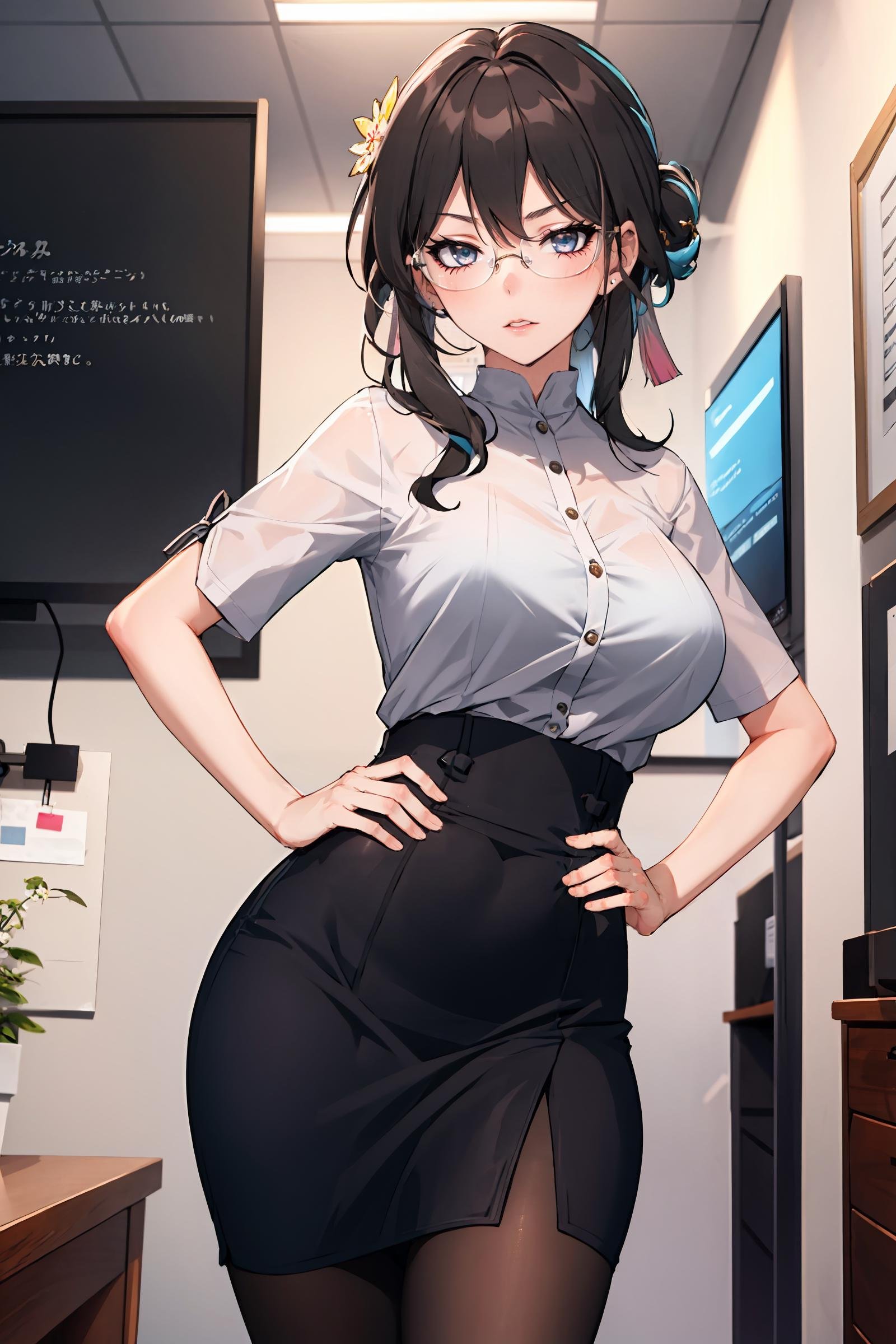 1girl, ruan mei \(honkai: star rail\), hair ornament, solo, office lady, white collared shirt, pencil skirt, pantyhose, glasses, glaring, looking at viewer, hand on hip, office, indoors, depth of field, masterpiece