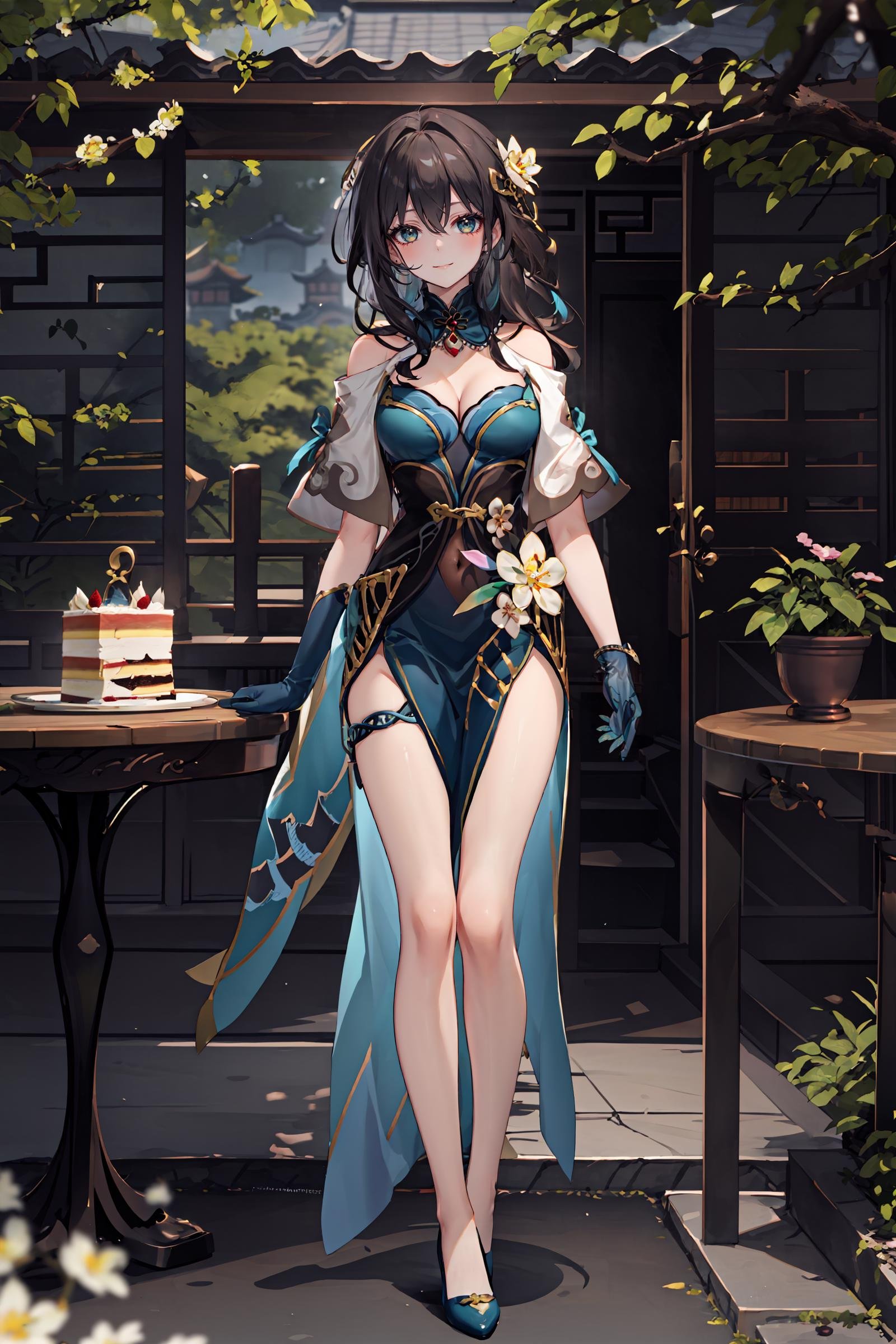 1girl, ruan mei \(honkai: star rail\), solo, china dress, green gloves, hair ornament, detached collar, necklace, capelet, thigh strap, pumps, full body, standing, looking at viewer, smiling, garden, east asian architecture, outdoors, depth of field, table, cake, masterpiece